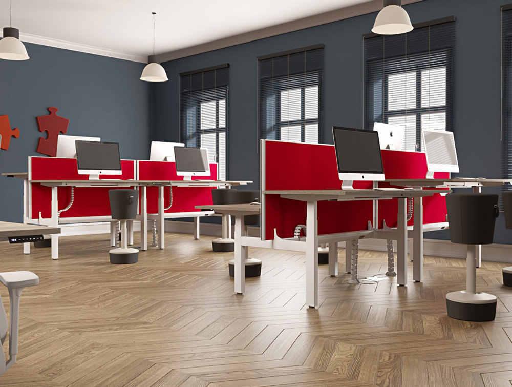 Leap-Electric-Sit-Stand-Bench-Desks-in-Oak-with-Red-Screen-Dividers Leap-Electric-Sit-Stand-Bench-Desks-in-Oak-with-Red-Screen-Dividers