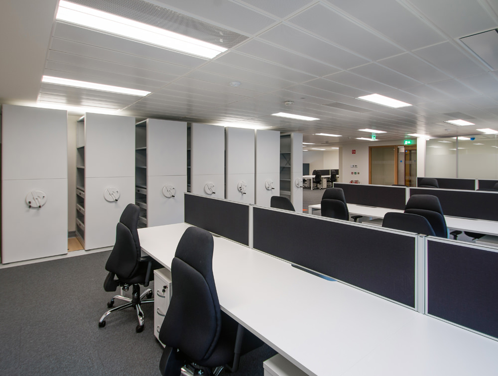 Apex Office Bisley Inner Space Storage Systems with White Desks and Black Office Chairs