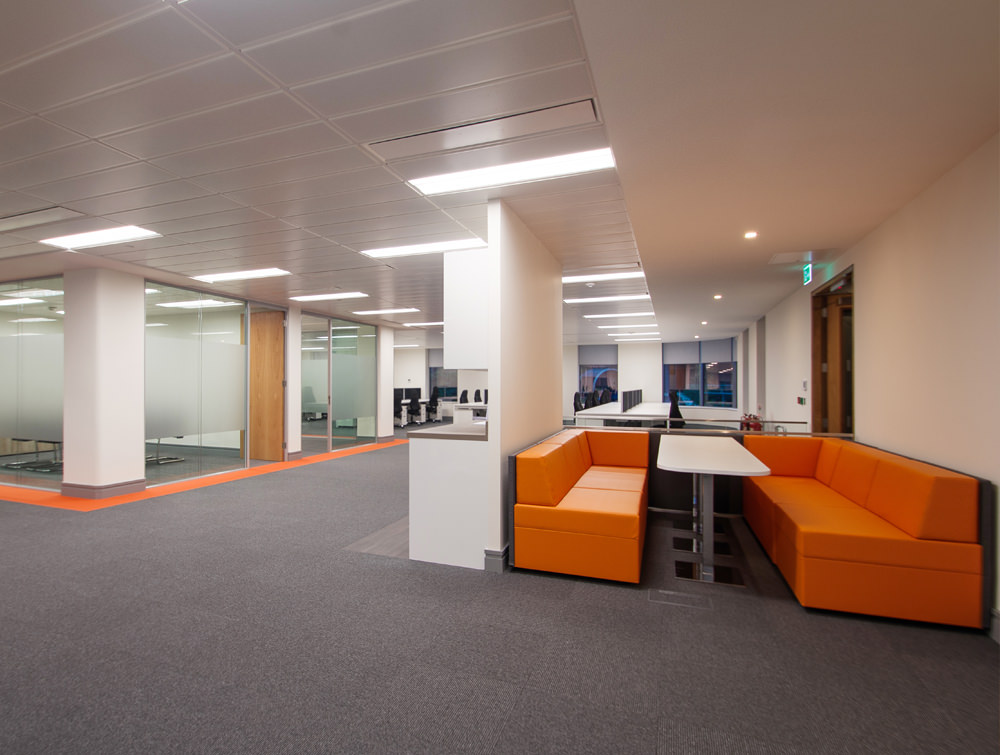 Apex Office Layout Orange Sofas with White Meeting Table