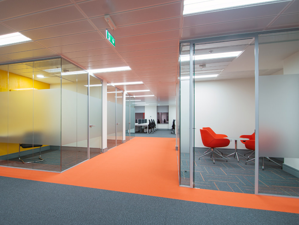 Apex Office Layout Orange Tub Meeting Chairs with Glass Coffee Table in 4 Star Base