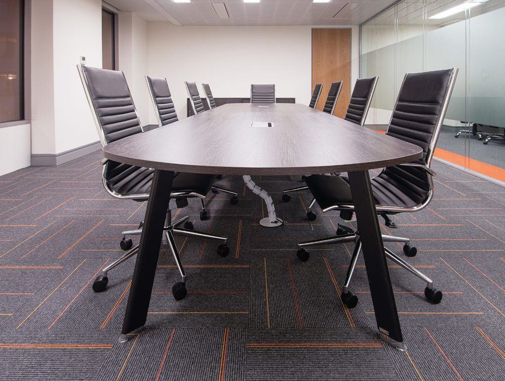 Apex Office Layout Walnut FInish Meeting Table with Cable Spine and 9 Black Executive Meeting Chairs