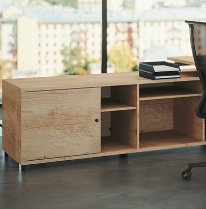 Buronomic Astro Executive Sober Desk 4 with return storage in Nebraska Oak finish