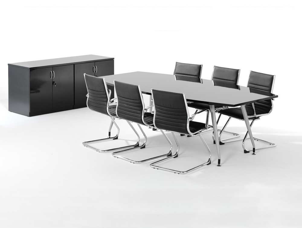 Dynamo Boardroom Table In High Gloss 6 To 8 Seater Black 2400mm Height Dynamic Boardroom Table And Credenza Top In High Gloss With 6 Black Cantilever Chairs