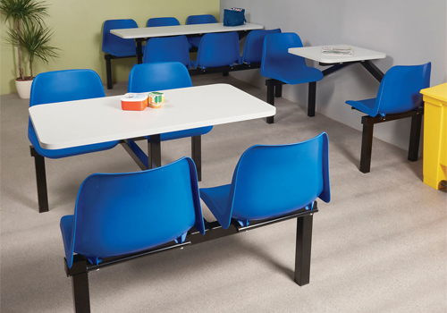 Fast Food Seating Two Four or Six Seater Fixed Table and Chair in Blue for Canteen Area Fast Food Seating Two Four or Six Seater Fixed Table and Chair in Blue for Canteen Area