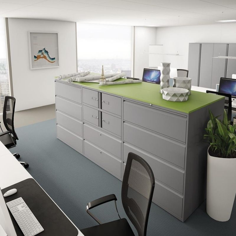Grey Metal Drawers and Filing Cabinets with Green Surface