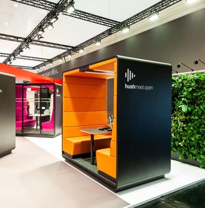 Hush Meet Open Acoustic Meeting Pod Black Body with Individual Workstation and Hush Meet