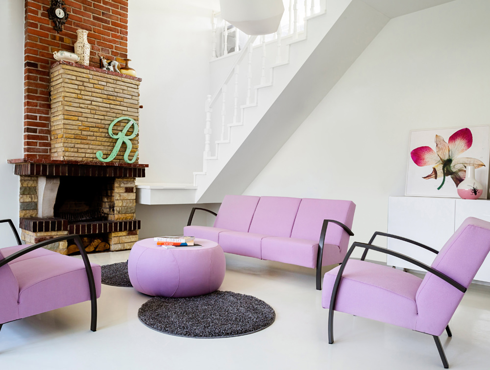 Kleiber Oops Round Pouffe Kleiber Oops Round Fabric Pouffe In Living Room With Couches Pink