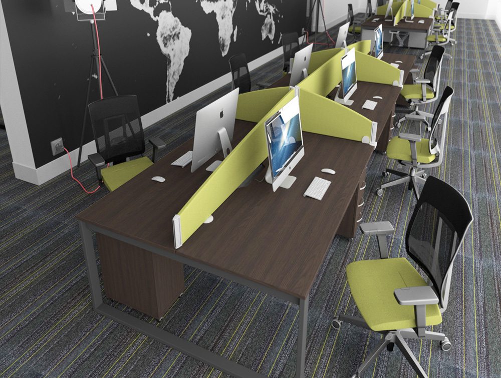 Switch Single Desk With Straight Leg In White Mesh Office Chairs With Green Upholstery And Matching Desk Screens On Dark Walnut Table Tops