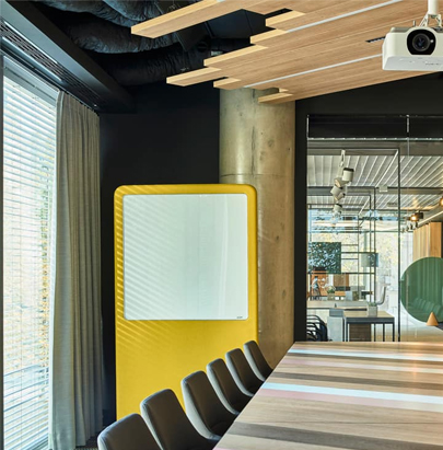 Mute Wall Standing Acoustic Panel in Yellow with White Board in Modern Office with Cone Oval in Green