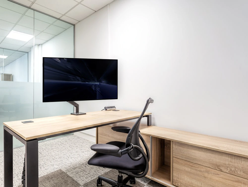 National Technologies Office Beech Sit Stand Desk with Sideboard Storage and Ergonomic Mesh Chair