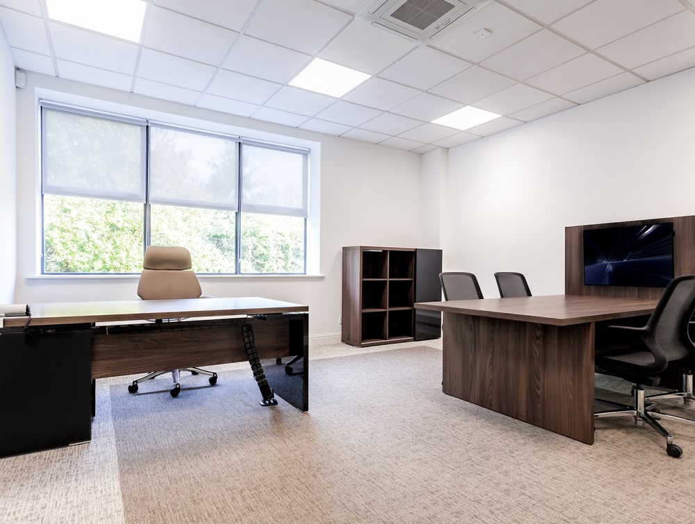 National Technologies Office Executive Manager Desks Dark Walnut with Storage and Chairs
