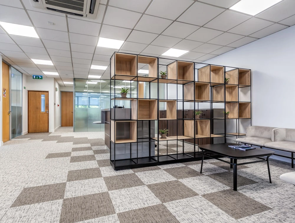 National Technologies Office Pallisades and Grey Soft Seating with Coffee Table