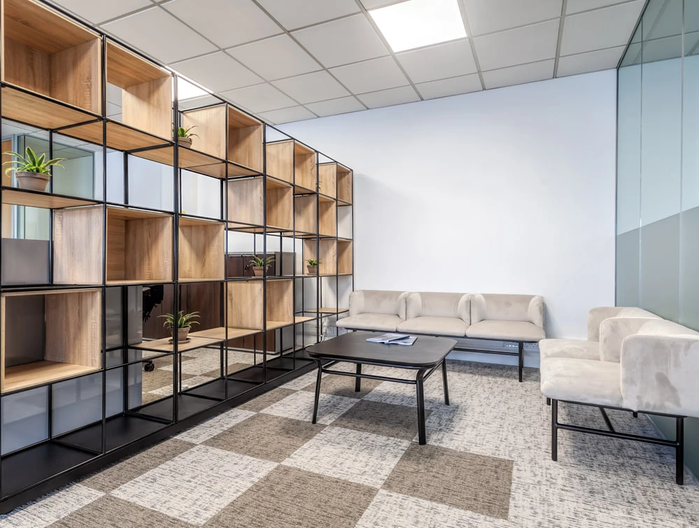 National Technologies Office Pallisades and Soft Seating with Coffee Table