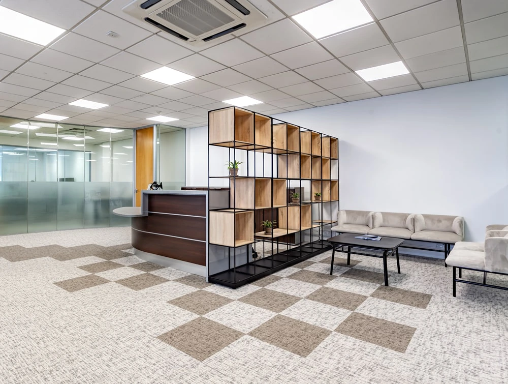 National Technologies Office Reception Desk with Pallisades and Soft Seating Coffee Table