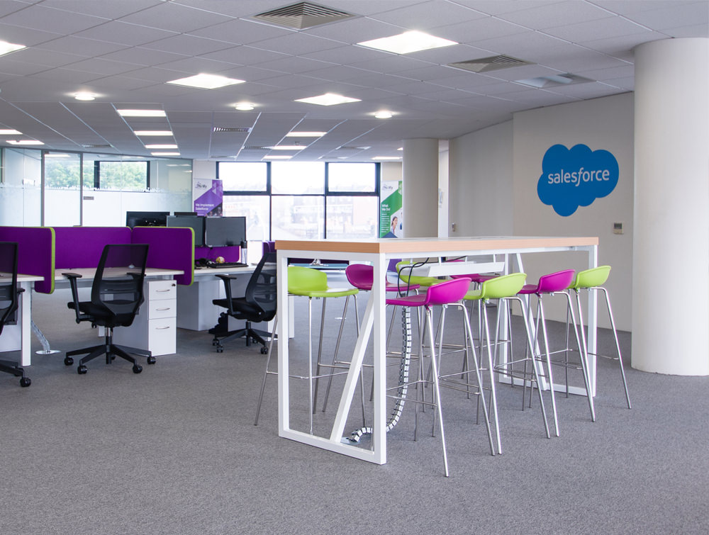 Pexlify Office Interior Purple Desk Screen with Canteen Hightop Table and Stools