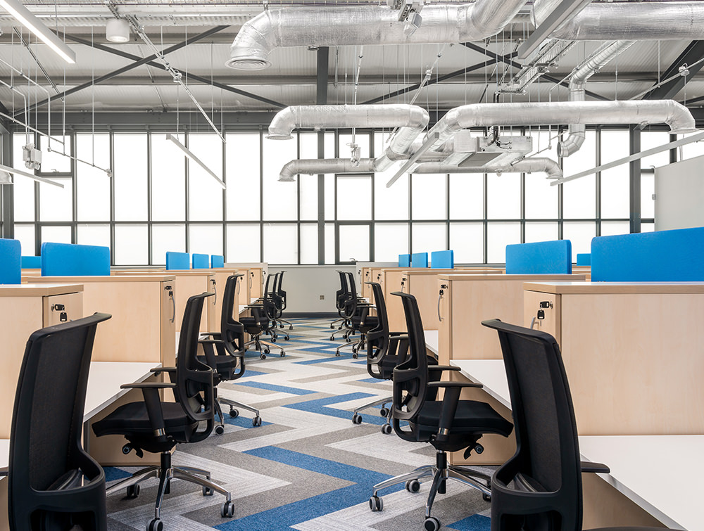 Precision Software Office Sit Stand Office Desks with Side Storages and Black Mesh Chairs