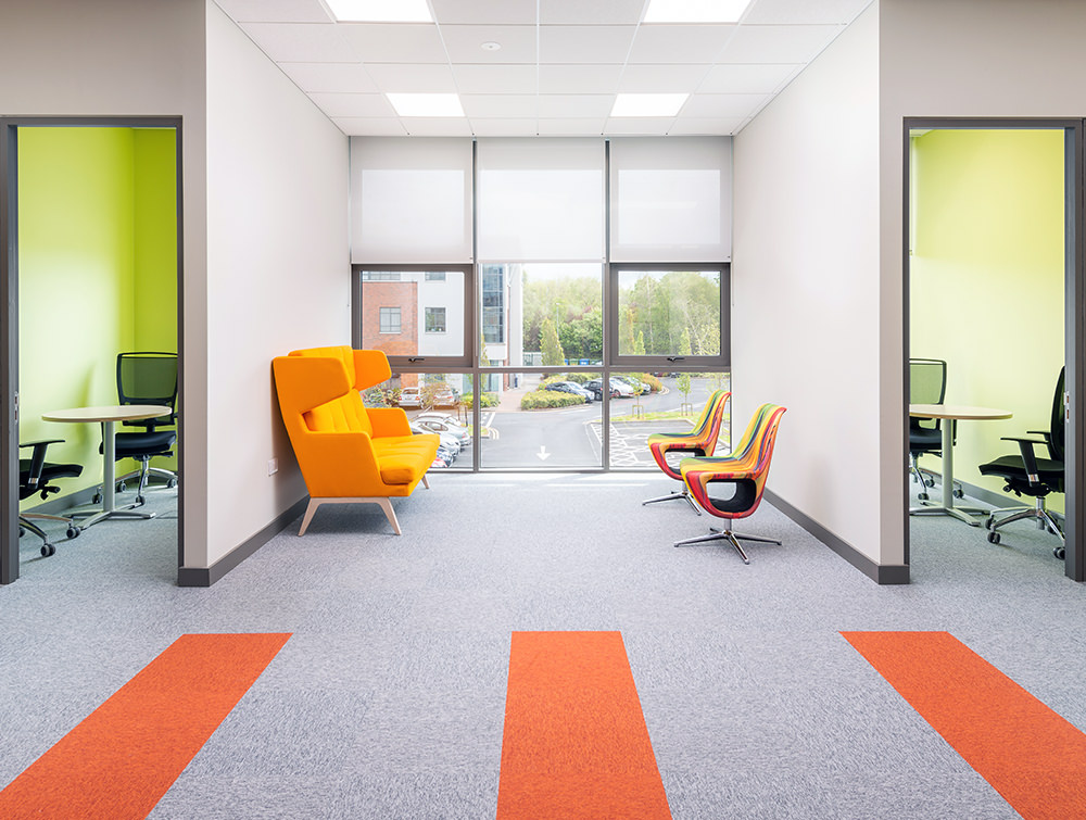 Profim October High Back Soft Seating Orange Chair and Profim Pellikan Chairs for Reception Lounge Areas