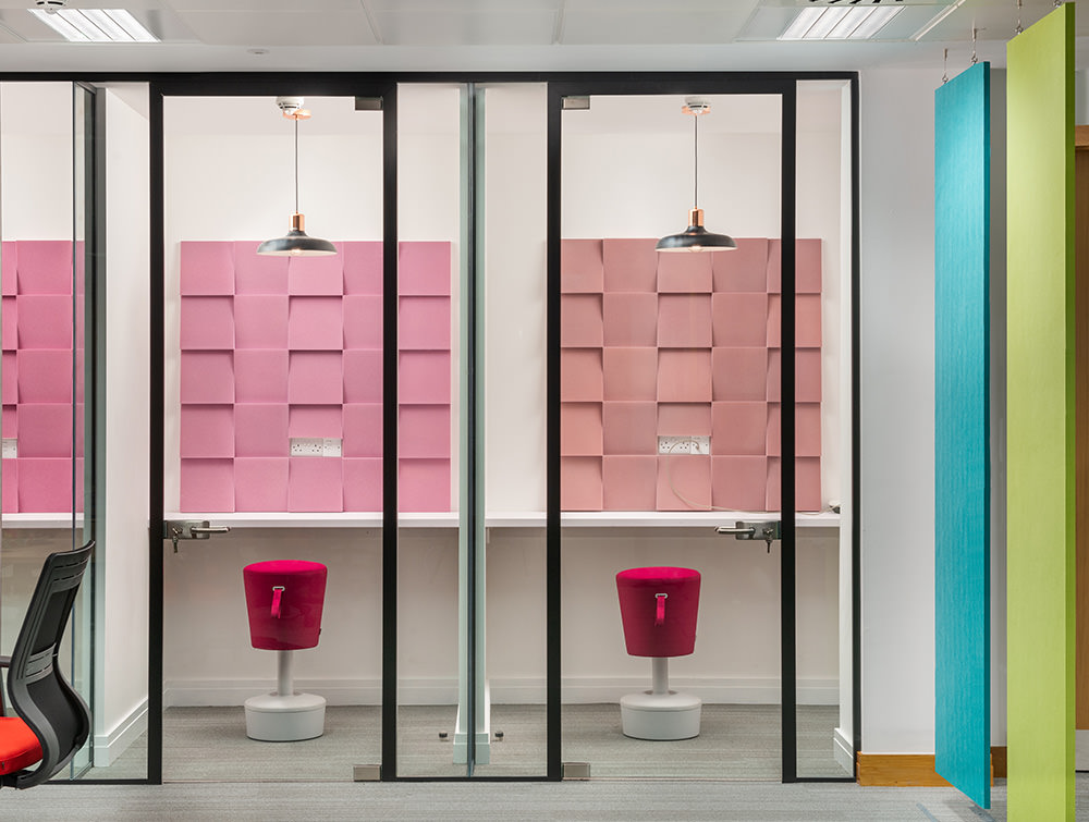 Social Talent Office Phone Booths with Mickey Sit Stand Stools and Acoustic Fluffo and Soundtect Freestyle Panels