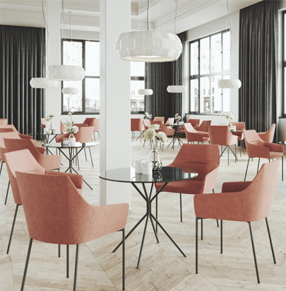 Spacestor Chic Breakout Table 2 in Black Finish with Pink Chair in Cafeteria Setting