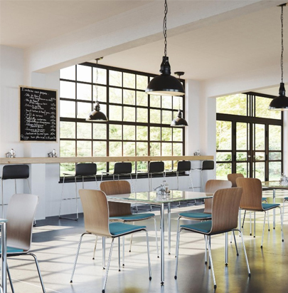 Spacestor Com Barstool 2 in Black Finish with Bar Counter in Cafeteria