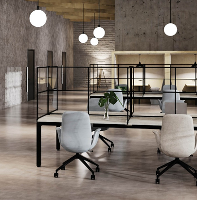 Spacestor Palisades Vista Screen 2 in Desk Partition Variant with White Chair on White Office Desk in Office Setting