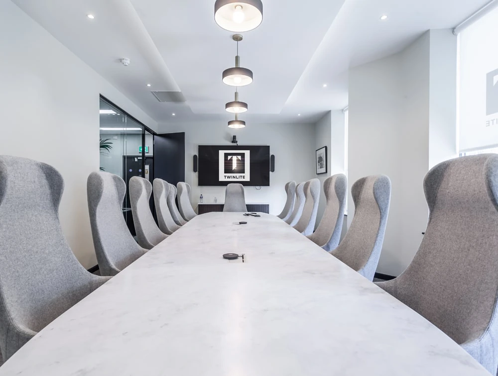 Twinlite Office White Boardroom Table with High Back Comfy Meeting Room Chairs1