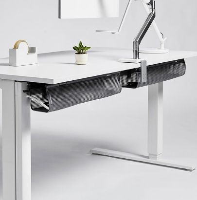 White Adjustable Desk with Black Mesh Cable Basket