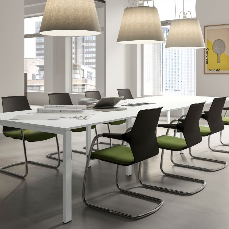 White Meeting Room Table with Cantilever Chairs in Black and Green