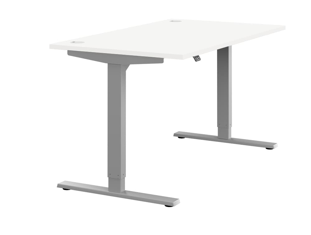 Zoom Ergonomic Single Sit Stand Desk - White Wood Finish - Silver Metal Finish
