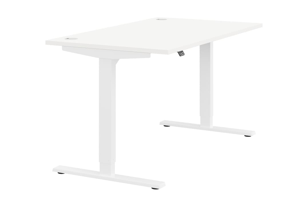 Zoom Ergonomic Single Sit Stand Desk - White Wood Finish - White Metal Finish