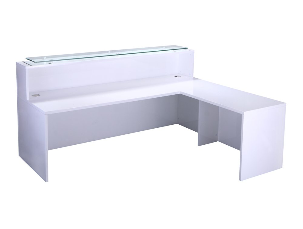 High-Gloss Reception Unit with Glass Top and Return in White